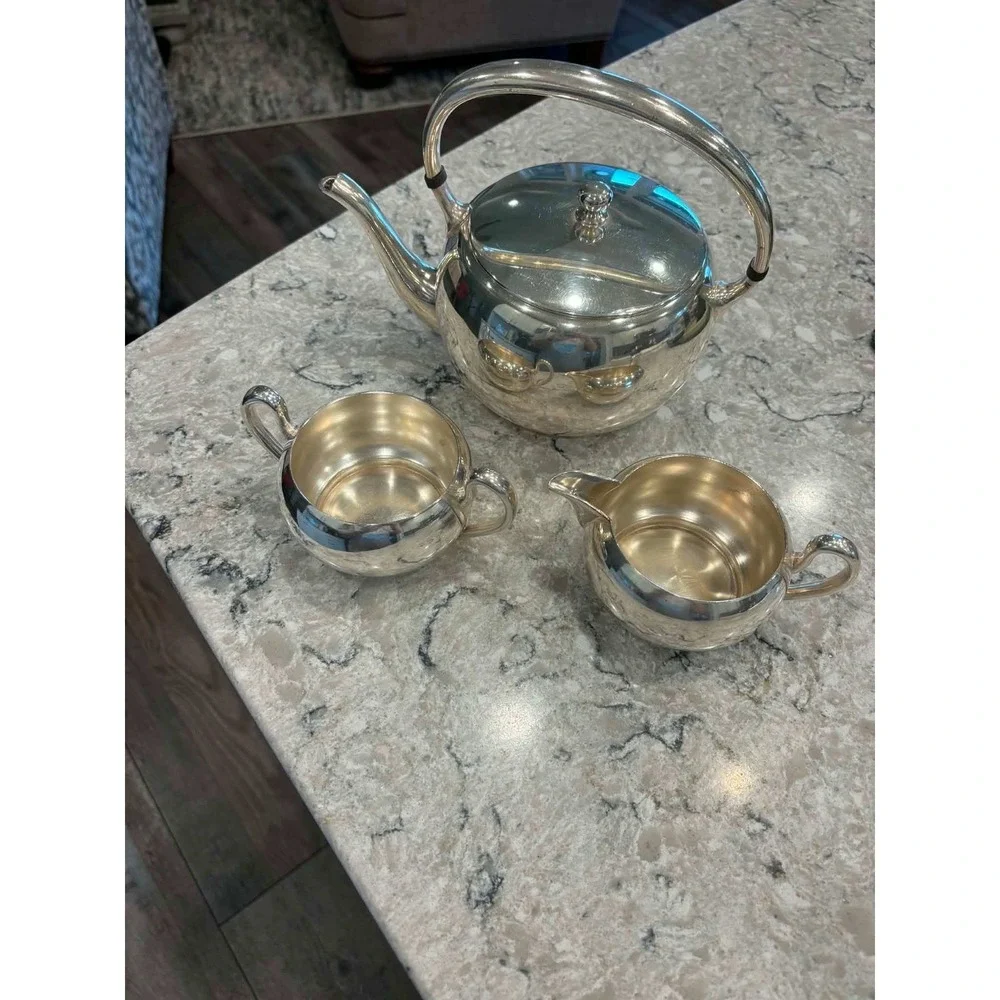 4 Piece Set of Gotham Silver on Copper Teapot w/ Lid, Creamer and Sugar Bowl Set